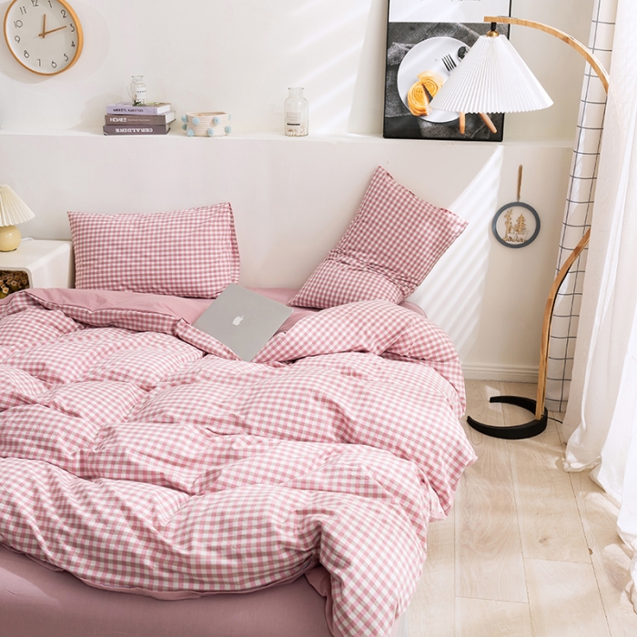 91家纺网 家纺一手货源 找家纺 简色坊 2023新款全棉水洗棉单品被套 豆沙小格