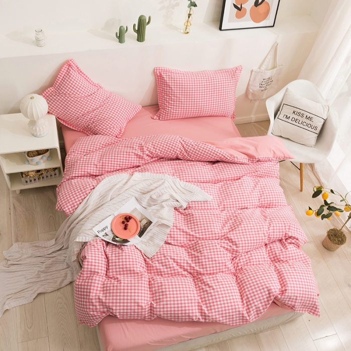 91家纺网 家纺一手货源 找家纺 简色坊 2023新款全棉水洗棉单品被套 粉小格