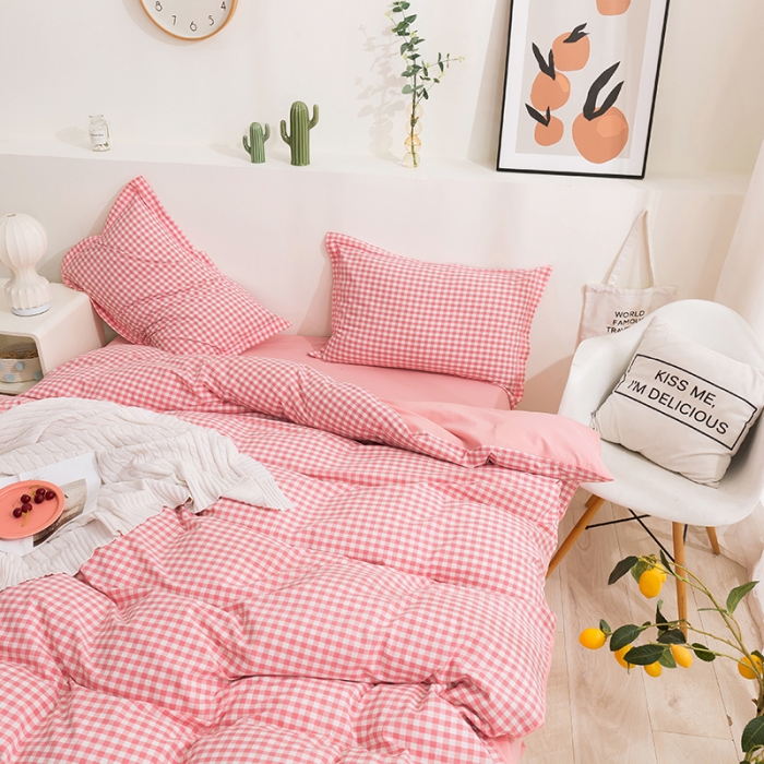 91家纺网 家纺一手货源 找家纺 简色坊 2023新款全棉水洗棉单品被套 粉小格