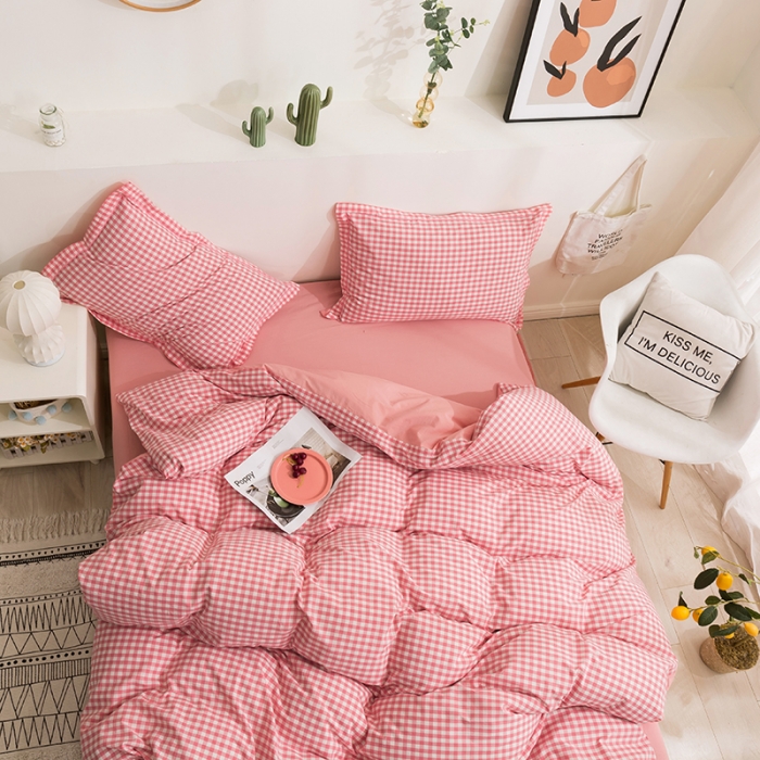 91家纺网 家纺一手货源 找家纺 简色坊 2023新款全棉水洗棉单品被套 粉小格