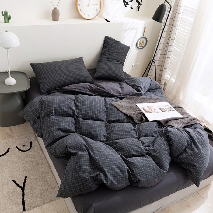 91家纺网 家纺一手货源 找家纺 简色坊 2023新款全棉水洗棉单品被套 条格-灰