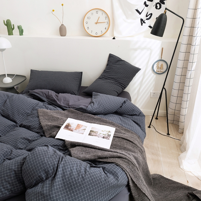 91家纺网 家纺一手货源 找家纺 简色坊 2023新款全棉水洗棉单品被套 条格-灰