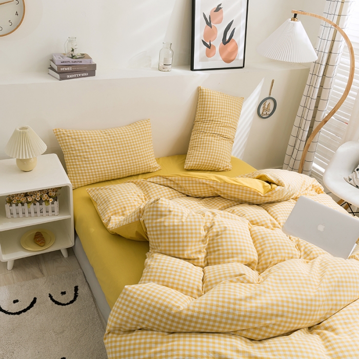 91家纺网 家纺一手货源 找家纺 简色坊 2023新款全棉水洗棉单品被套 黄小格