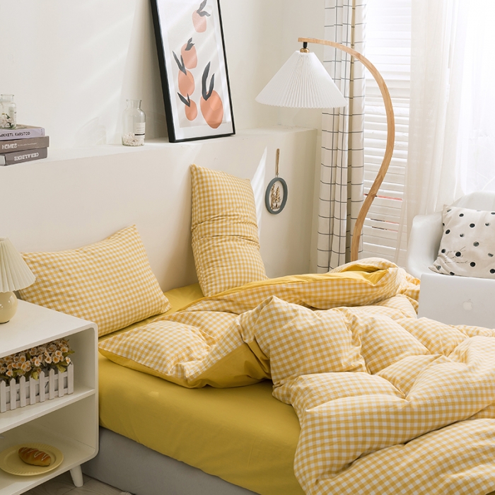 91家纺网 家纺一手货源 找家纺 简色坊 2023新款全棉水洗棉单品被套 黄小格