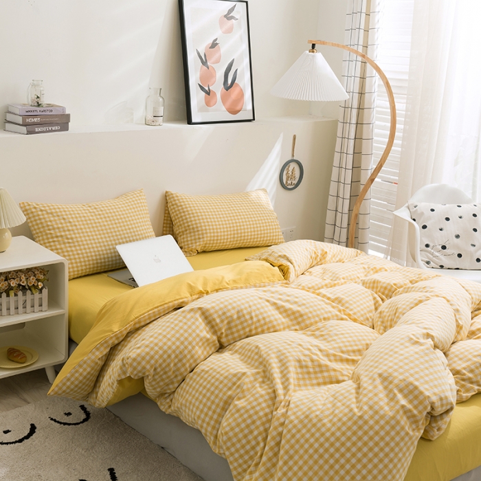 91家纺网 家纺一手货源 找家纺 简色坊 2023新款全棉水洗棉单品被套 黄小格