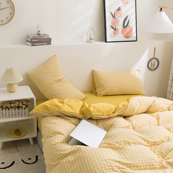 91家纺网 家纺一手货源 找家纺 简色坊 2023新款全棉水洗棉单品被套 黄小格