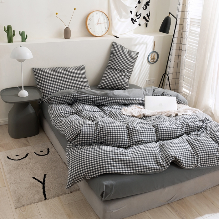 91家纺网 家纺一手货源 找家纺 简色坊 2023新款全棉水洗棉单品被套 灰小格