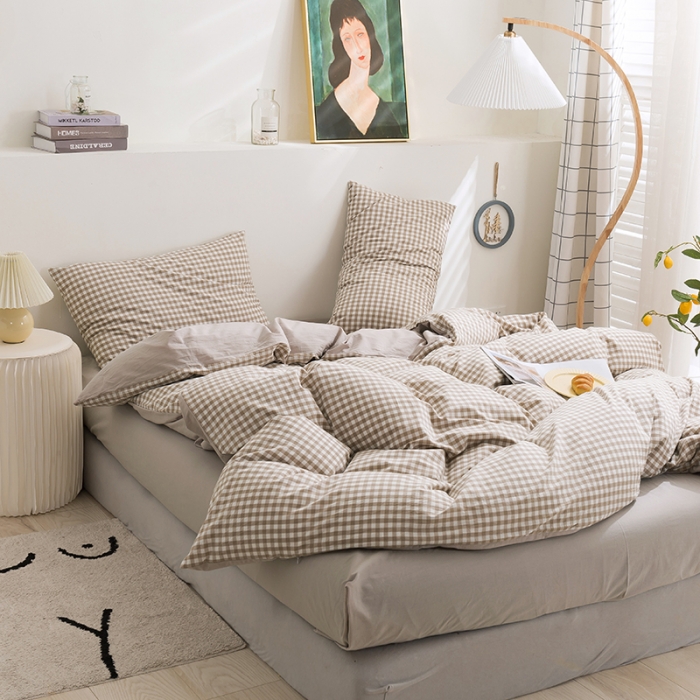 91家纺网 家纺一手货源 找家纺 简色坊 2023新款全棉水洗棉单品被套 咖小格