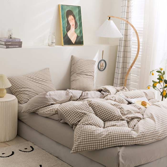 91家纺网 家纺一手货源 找家纺 简色坊 2023新款全棉水洗棉单品被套 咖小格