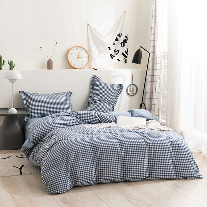 91家纺网 家纺一手货源 找家纺 简色坊 2023新款全棉水洗棉单品被套 蓝小格