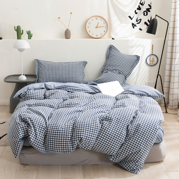 91家纺网 家纺一手货源 找家纺 简色坊 2023新款全棉水洗棉单品被套 蓝小格