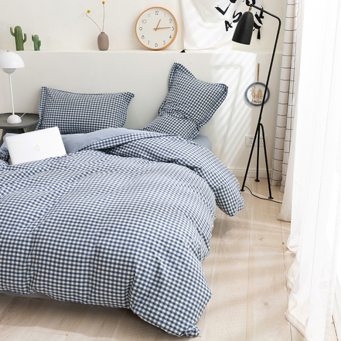 91家纺网 家纺一手货源 找家纺 简色坊 2023新款全棉水洗棉单品被套 蓝小格