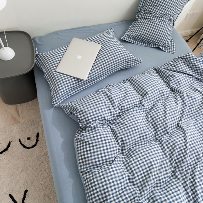 91家纺网 家纺一手货源 找家纺 简色坊 2023新款全棉水洗棉单品被套 蓝小格