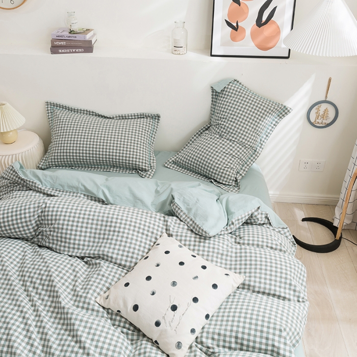 91家纺网 家纺一手货源 找家纺 简色坊 2023新款全棉水洗棉单品被套 绿小格