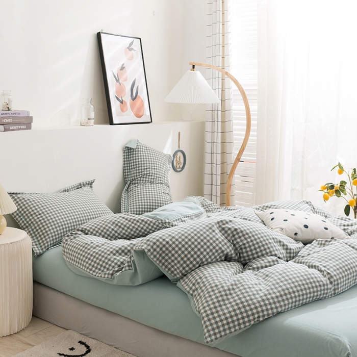 91家纺网 家纺一手货源 找家纺 简色坊 2023新款全棉水洗棉单品被套 绿小格