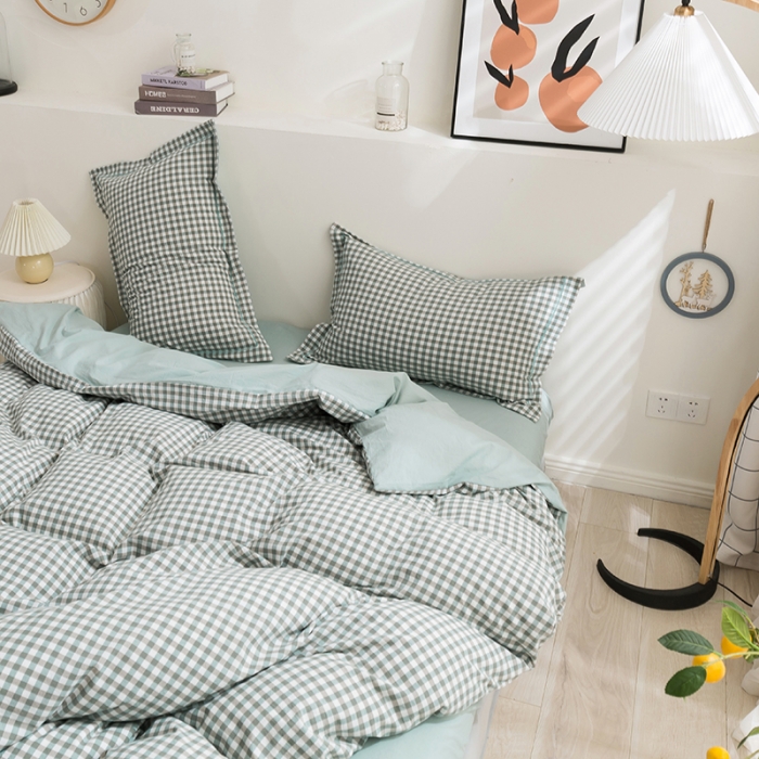 91家纺网 家纺一手货源 找家纺 简色坊 2023新款全棉水洗棉单品被套 绿小格