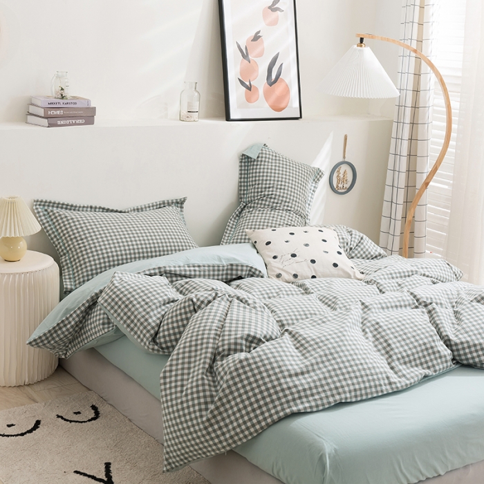 91家纺网 家纺一手货源 找家纺 简色坊 2023新款全棉水洗棉单品被套 绿小格