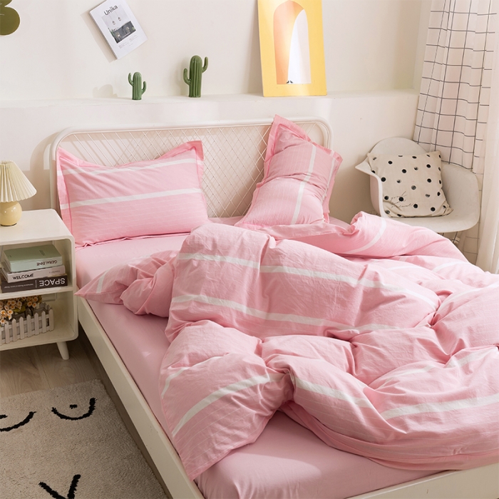 91家纺网 家纺一手货源 找家纺 简色坊 2023新款全棉水洗棉单品被套 时尚条纹-粉