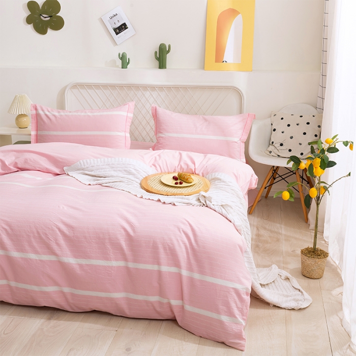 91家纺网 家纺一手货源 找家纺 简色坊 2023新款全棉水洗棉单品被套 时尚条纹-粉