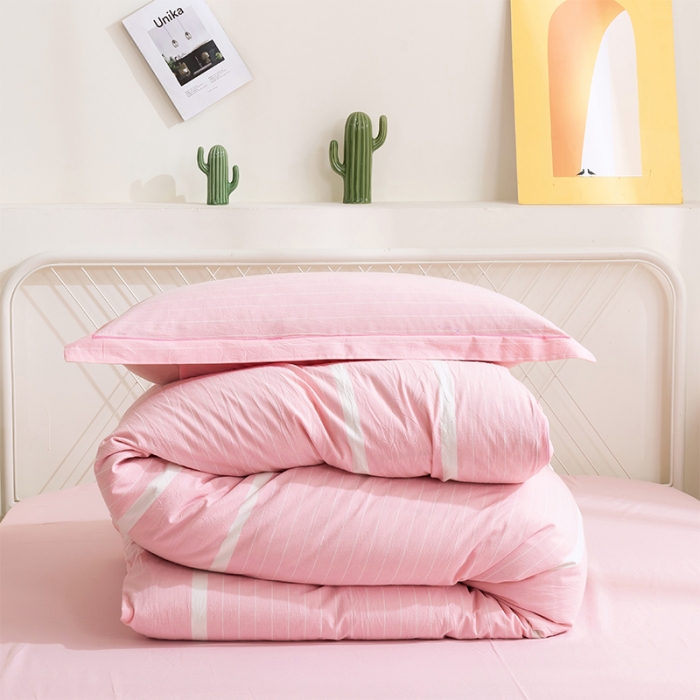 91家纺网 家纺一手货源 找家纺 简色坊 2023新款全棉水洗棉单品被套 时尚条纹-粉