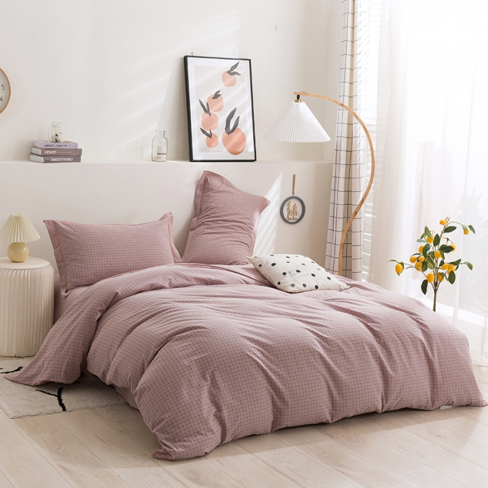 91家纺网 家纺一手货源 找家纺 简色坊 2023新款全棉水洗棉单品被套 条格-豆沙