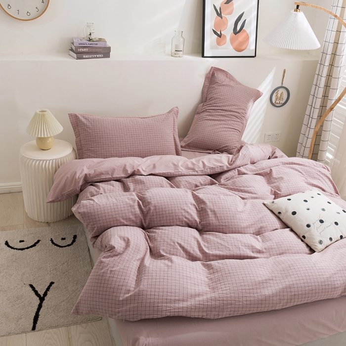 91家纺网 家纺一手货源 找家纺 简色坊 2023新款全棉水洗棉单品被套 条格-豆沙