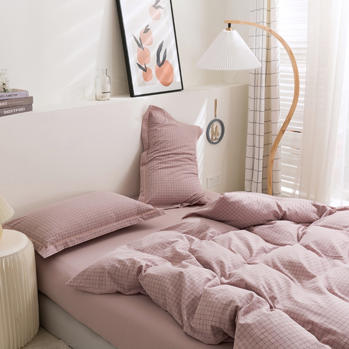 91家纺网 家纺一手货源 找家纺 简色坊 2023新款全棉水洗棉单品被套 条格-豆沙