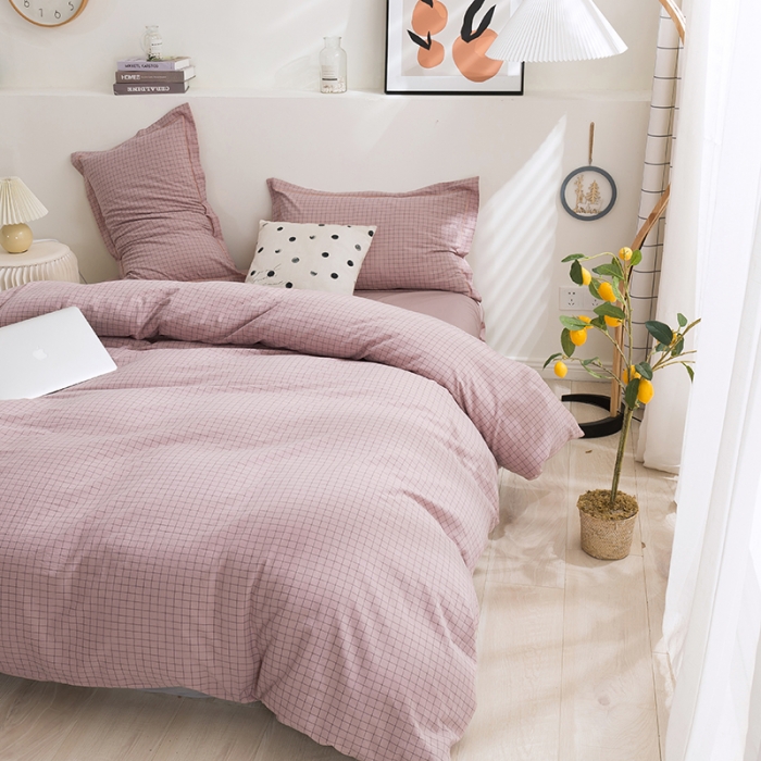 91家纺网 家纺一手货源 找家纺 简色坊 2023新款全棉水洗棉单品被套 条格-豆沙