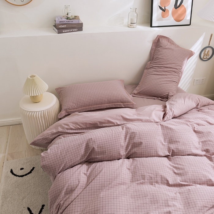 91家纺网 家纺一手货源 找家纺 简色坊 2023新款全棉水洗棉单品被套 条格-豆沙