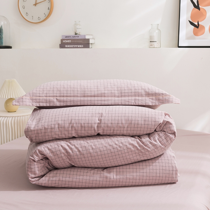 91家纺网 家纺一手货源 找家纺 简色坊 2023新款全棉水洗棉单品被套 条格-豆沙