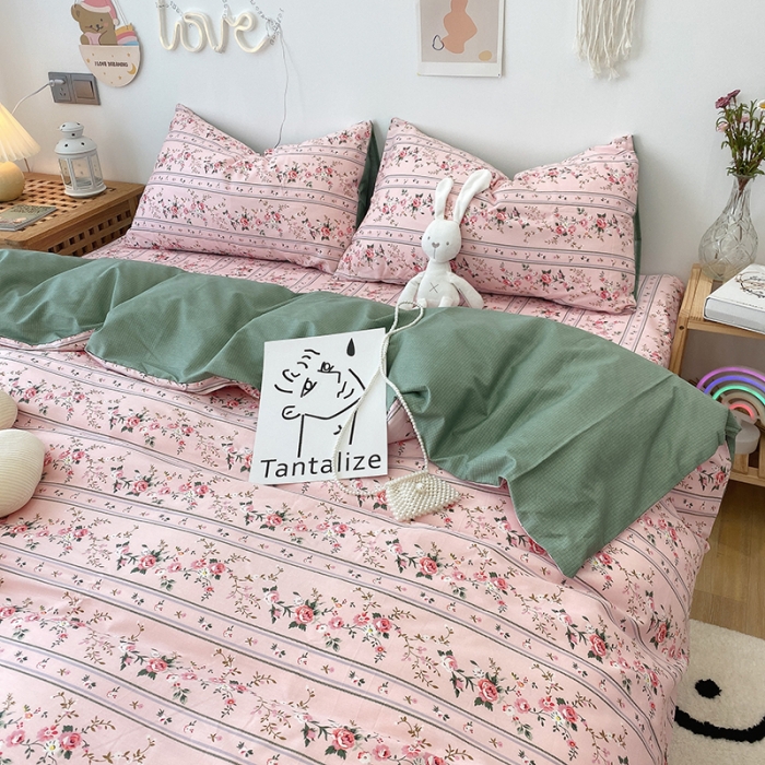 91家纺网 家纺一手货源 找家纺 沐棉 2021新款全棉小清新四件套花花系列 粉黛