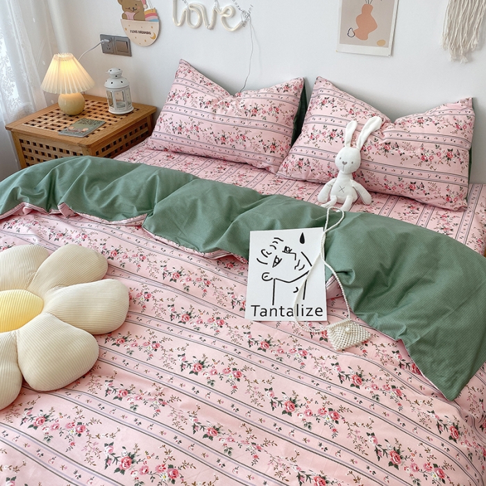 91家纺网 家纺一手货源 找家纺 沐棉 2021新款全棉小清新四件套花花系列 粉黛