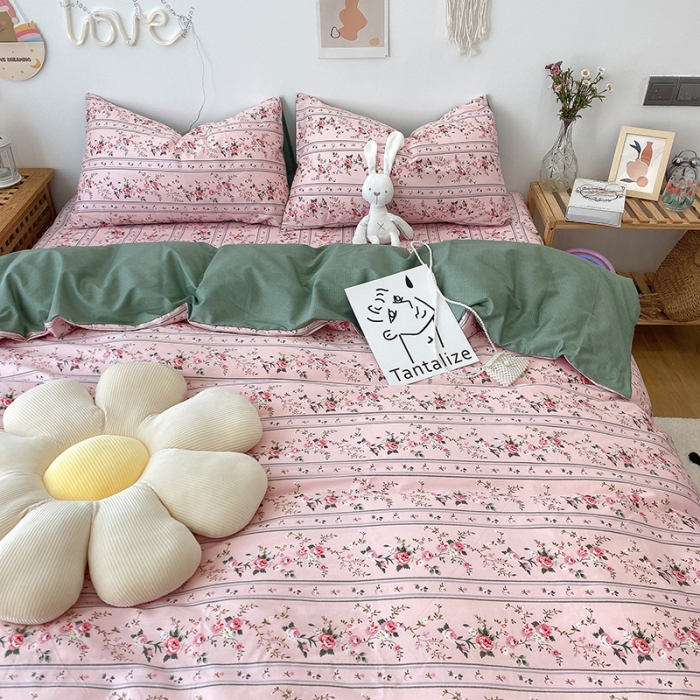 91家纺网 家纺一手货源 找家纺 沐棉 2021新款全棉小清新四件套花花系列 粉黛