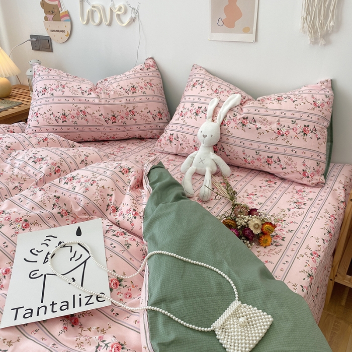 91家纺网 家纺一手货源 找家纺 沐棉 2021新款全棉小清新四件套花花系列 粉黛