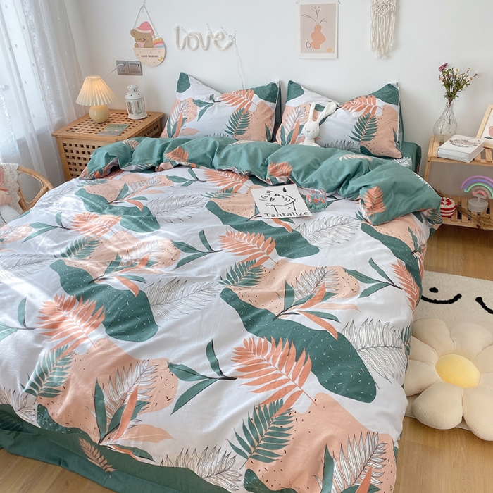 91家纺网 家纺一手货源 找家纺 沐棉 2021新款全棉小清新四件套花花系列 青枝绿叶