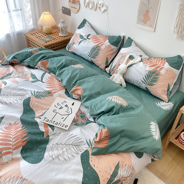 91家纺网 家纺一手货源 找家纺 沐棉 2021新款全棉小清新四件套花花系列 青枝绿叶