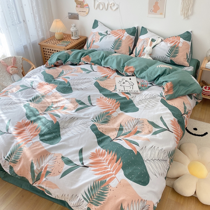 91家纺网 家纺一手货源 找家纺 沐棉 2021新款全棉小清新四件套花花系列 青枝绿叶