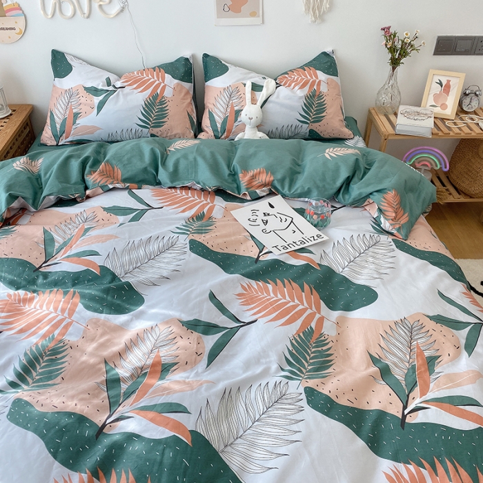 91家纺网 家纺一手货源 找家纺 沐棉 2021新款全棉小清新四件套花花系列 青枝绿叶