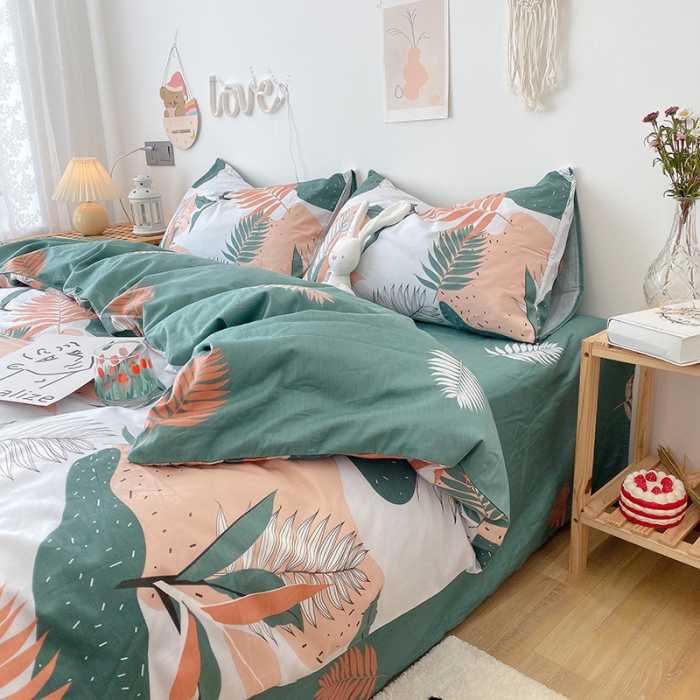 91家纺网 家纺一手货源 找家纺 沐棉 2021新款全棉小清新四件套花花系列 青枝绿叶