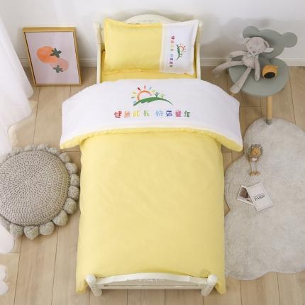 订做纯色绣花logo纯棉刺绣园标幼儿园被子三件套午睡六件套 经典嫩黄白