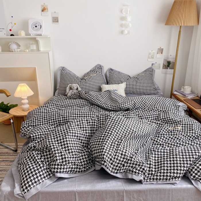 91家纺网 家纺一手货源 找家纺 星期八 2021新款13372千鸟格刺绣四件套 千鸟格黑