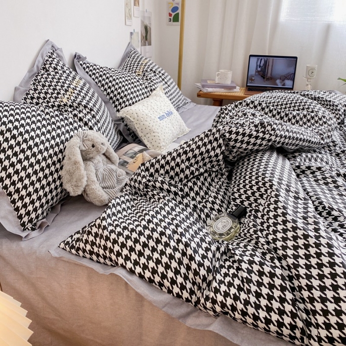 91家纺网 家纺一手货源 找家纺 星期八 2021新款13372千鸟格刺绣四件套 千鸟格黑