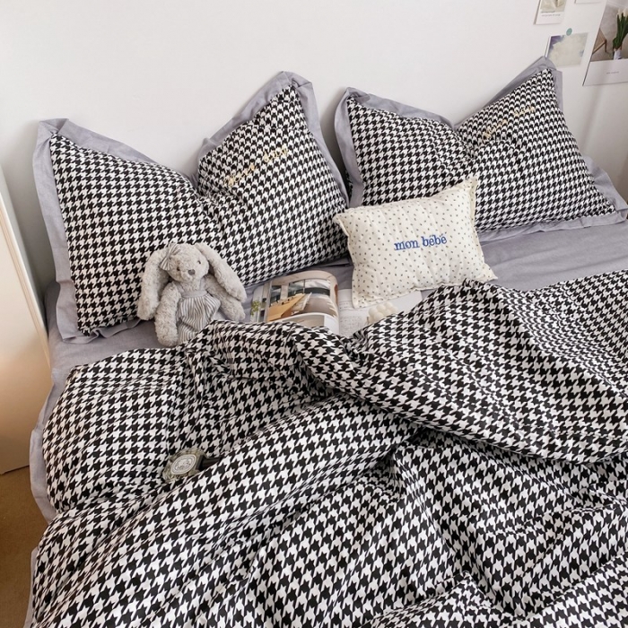 91家纺网 家纺一手货源 找家纺 星期八 2021新款13372千鸟格刺绣四件套 千鸟格黑