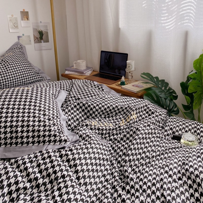 91家纺网 家纺一手货源 找家纺 星期八 2021新款13372千鸟格刺绣四件套 千鸟格黑