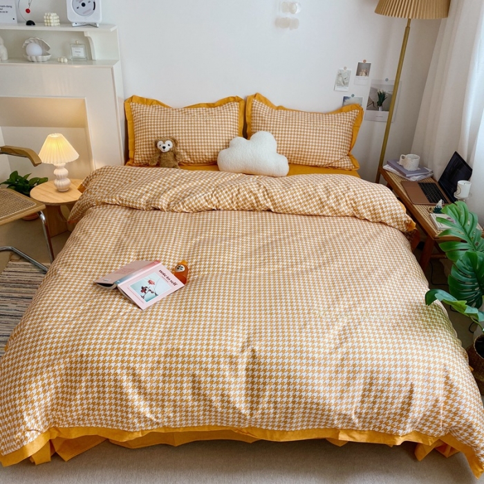 91家纺网 家纺一手货源 找家纺 星期八 2021新款13372千鸟格刺绣四件套 千鸟格黄