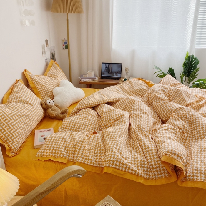 91家纺网 家纺一手货源 找家纺 星期八 2021新款13372千鸟格刺绣四件套 千鸟格黄
