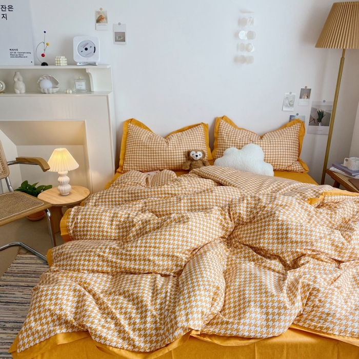 91家纺网 家纺一手货源 找家纺 星期八 2021新款13372千鸟格刺绣四件套 千鸟格黄