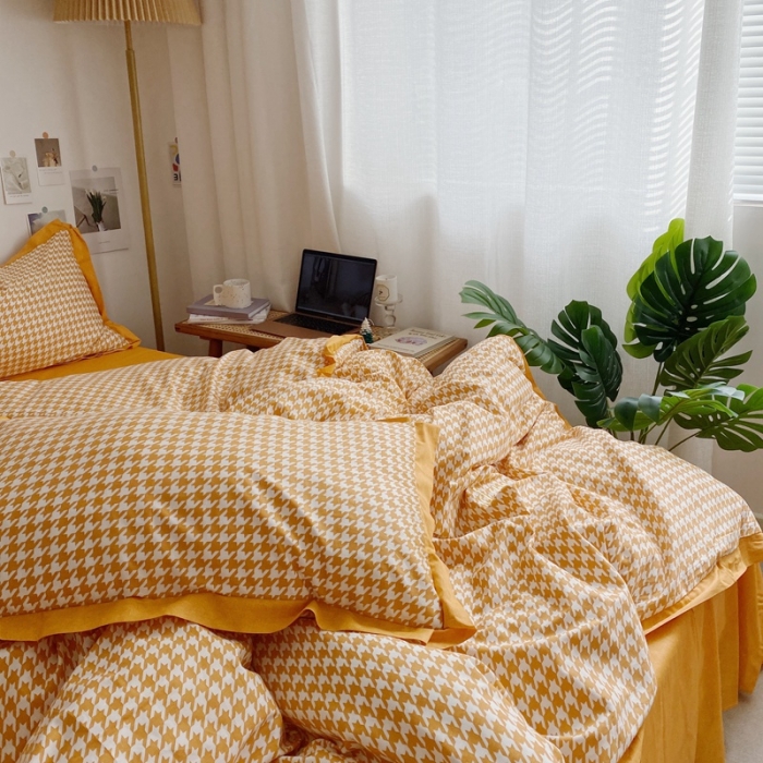 91家纺网 家纺一手货源 找家纺 星期八 2021新款13372千鸟格刺绣四件套 千鸟格黄