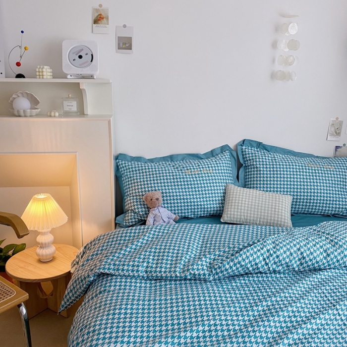 91家纺网 家纺一手货源 找家纺 星期八 2021新款13372千鸟格刺绣四件套 千鸟格蓝