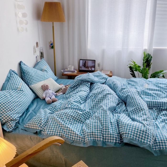 91家纺网 家纺一手货源 找家纺 星期八 2021新款13372千鸟格刺绣四件套 千鸟格蓝